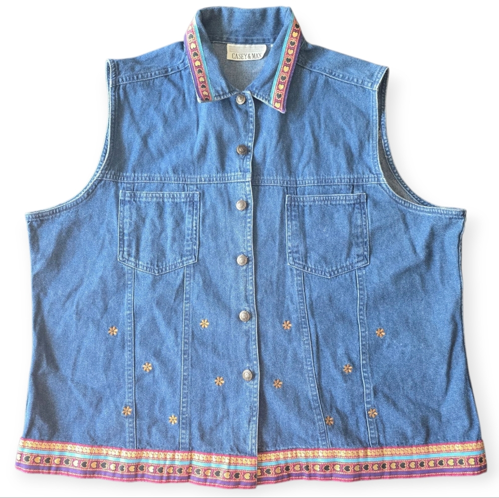 Casey & Max Embroidered Denim 100% Cotton Vest with Colorful Trim Size‎ XL